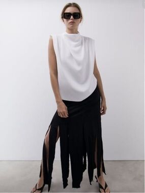 Zara drapped white blouse high collar